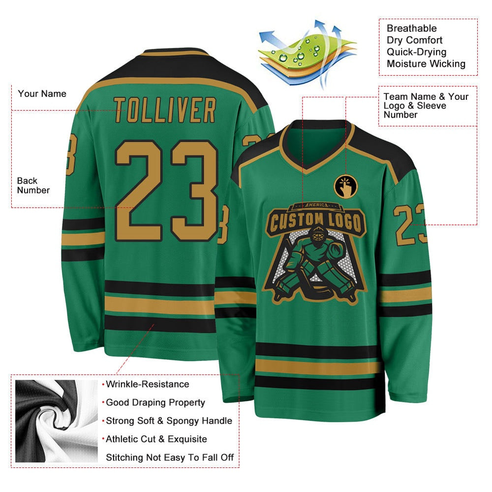 Usa Hockey Jersey, Custom Kelly Green Old Gold Black 1 Hockey Jersey, Team Hockey Jerseys