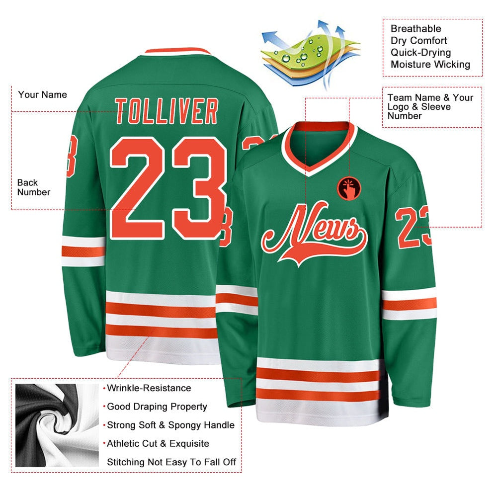 Usa Hockey Jersey, Custom Kelly Green Orange White Hockey Jersey, Team Hockey Jerseys