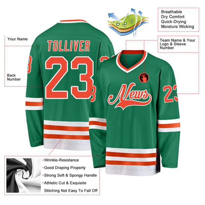 Usa Hockey Jersey, Custom Kelly Green Orange White Hockey Jersey, Team Hockey Jerseys