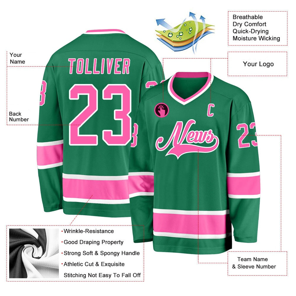 Usa Hockey Jersey, Custom Kelly Green Pink White Hockey Jersey, Team Hockey Jerseys