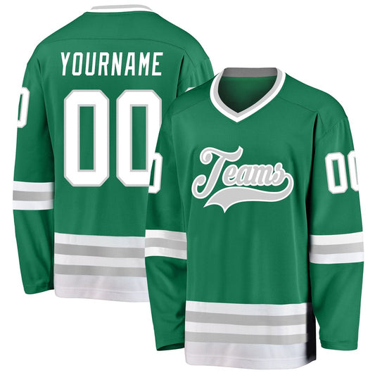 Usa Hockey Jersey, Custom Kelly Green White Gray Hockey Jersey, Team Hockey Jerseys