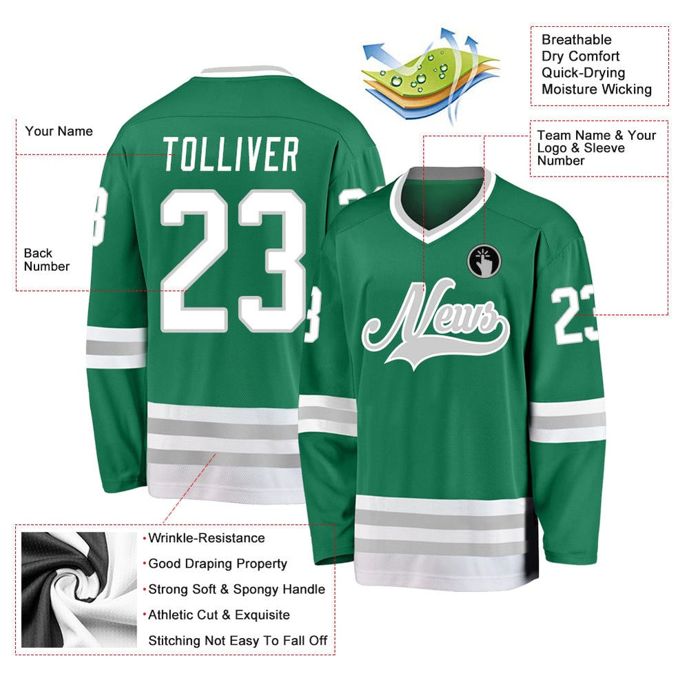 Usa Hockey Jersey, Custom Kelly Green White Gray Hockey Jersey, Team Hockey Jerseys