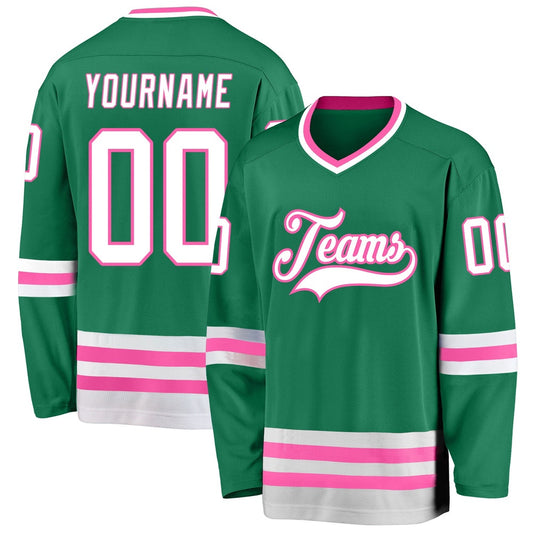 Usa Hockey Jersey, Custom Kelly Green White Pink Hockey Jersey, Team Hockey Jerseys