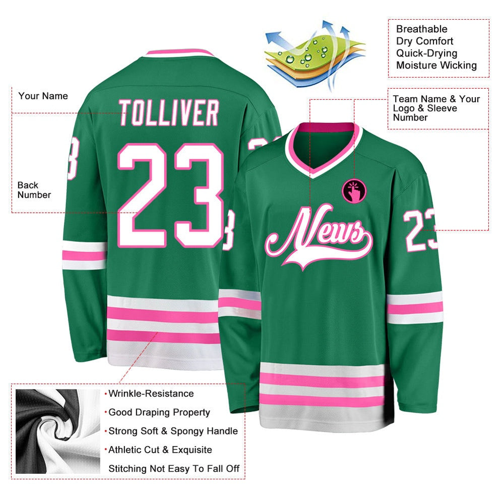 Usa Hockey Jersey, Custom Kelly Green White Pink Hockey Jersey, Team Hockey Jerseys