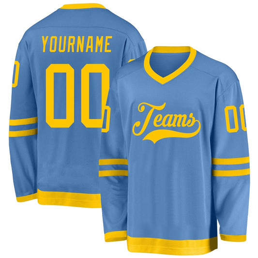 Usa Hockey Jersey, Custom Light Blue Gold Hockey Jersey, Team Hockey Jerseys
