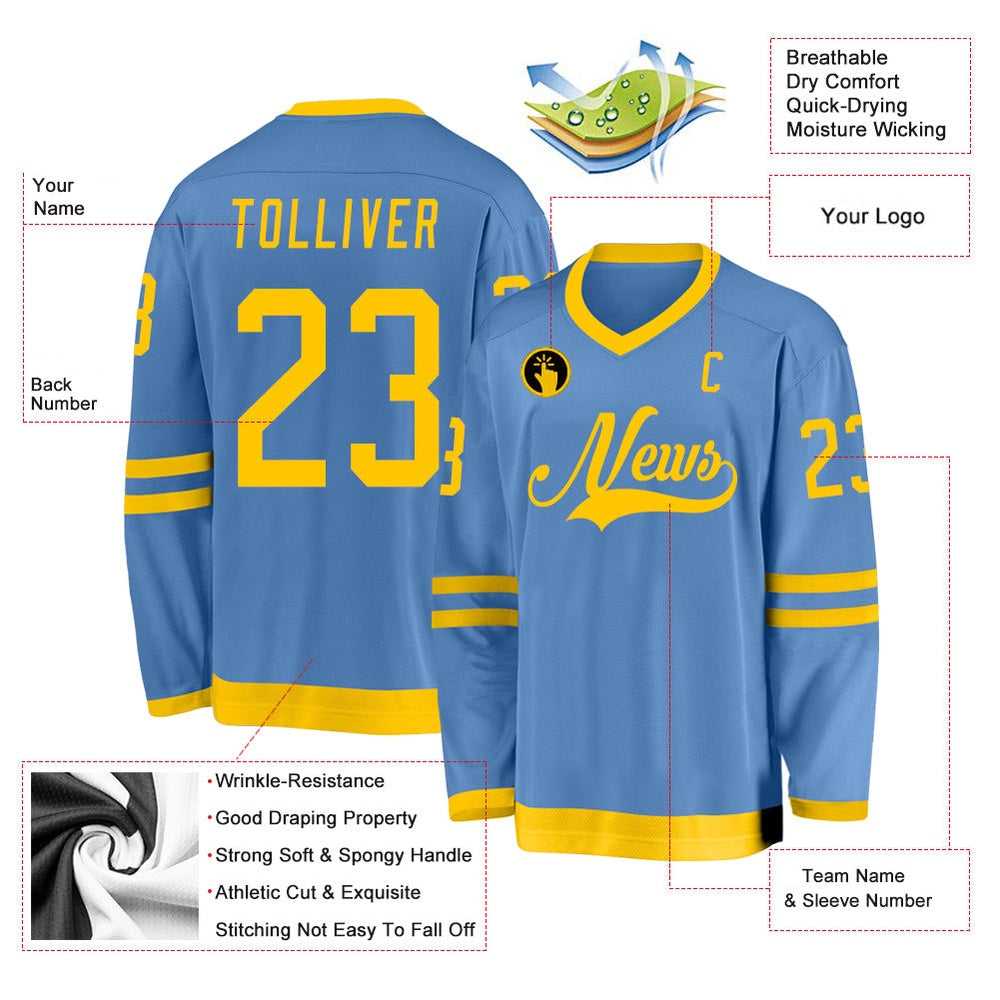 Usa Hockey Jersey, Custom Light Blue Gold Hockey Jersey, Team Hockey Jerseys