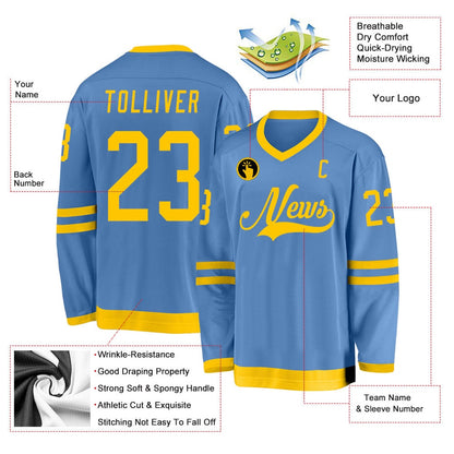 Usa Hockey Jersey, Custom Light Blue Gold Hockey Jersey, Team Hockey Jerseys