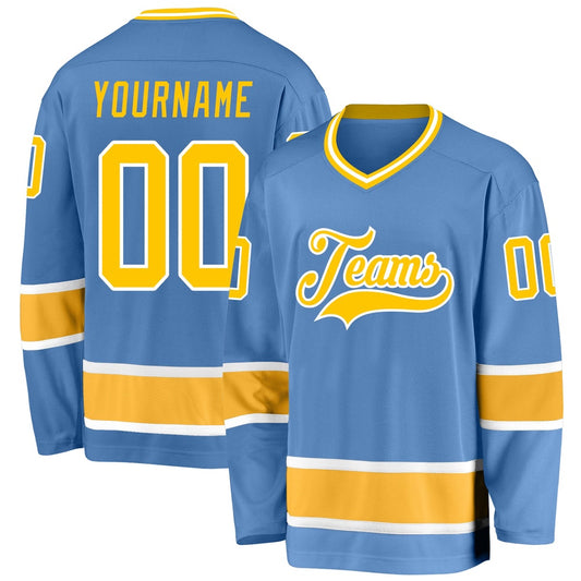 Usa Hockey Jersey, Custom Light Blue Gold White 1 Hockey Jersey, Team Hockey Jerseys