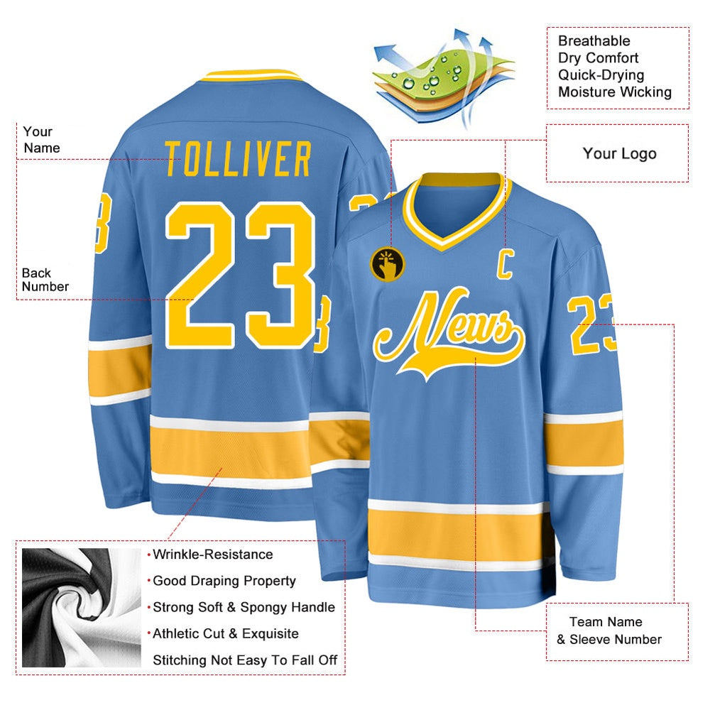 Usa Hockey Jersey, Custom Light Blue Gold White 1 Hockey Jersey, Team Hockey Jerseys