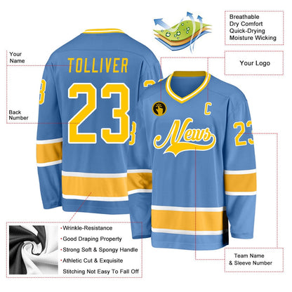 Usa Hockey Jersey, Custom Light Blue Gold White 1 Hockey Jersey, Team Hockey Jerseys