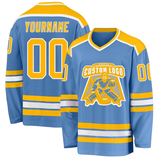 Usa Hockey Jersey, Custom Light Blue Gold White Hockey Jersey, Team Hockey Jerseys