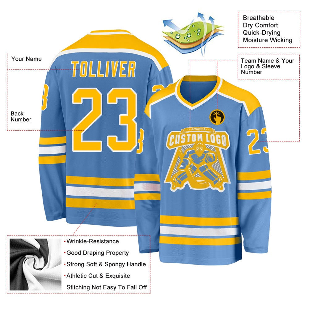 Usa Hockey Jersey, Custom Light Blue Gold White Hockey Jersey, Team Hockey Jerseys