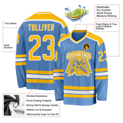 Usa Hockey Jersey, Custom Light Blue Gold White Hockey Jersey, Team Hockey Jerseys