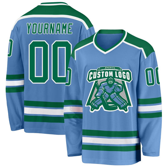 Usa Hockey Jersey, Custom Light Blue Kelly Green White Hockey Jersey, Team Hockey Jerseys