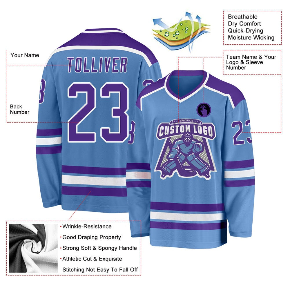 Usa Hockey Jersey, Custom Light Blue Purple White 1 Hockey Jersey, Team Hockey Jerseys