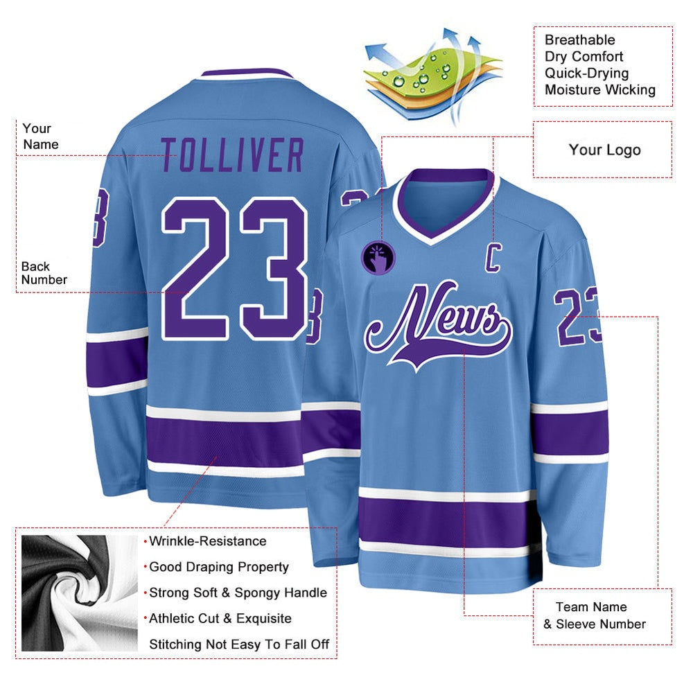 Usa Hockey Jersey, Custom Light Blue Purple White Hockey Jersey, Team Hockey Jerseys