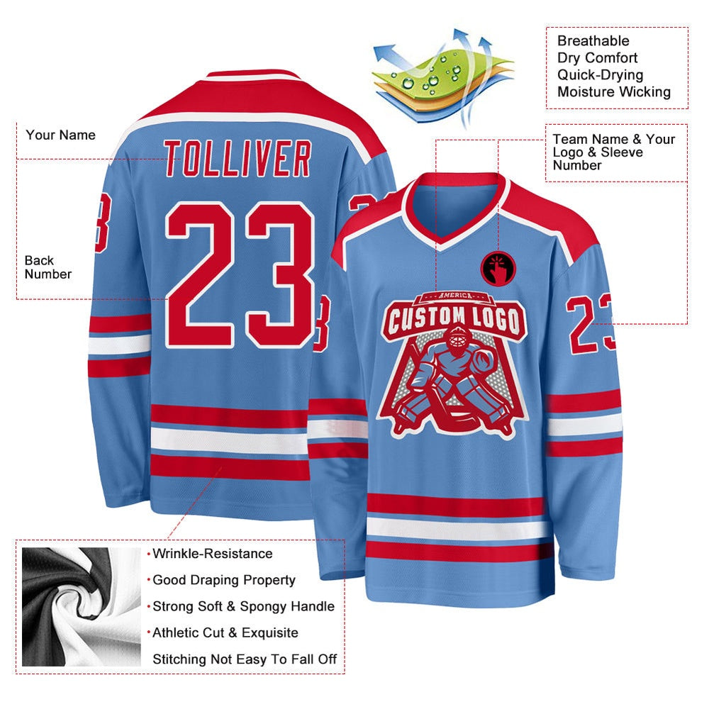 Usa Hockey Jersey, Custom Light Blue Red White Hockey Jersey, Team Hockey Jerseys