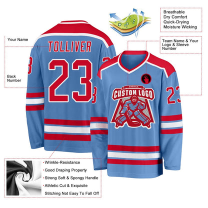 Usa Hockey Jersey, Custom Light Blue Red White Hockey Jersey, Team Hockey Jerseys