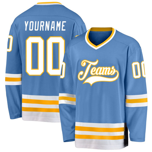 Usa Hockey Jersey, Custom Light Blue White Gold Hockey Jersey, Team Hockey Jerseys