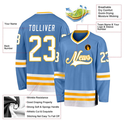 Usa Hockey Jersey, Custom Light Blue White Gold Hockey Jersey, Team Hockey Jerseys