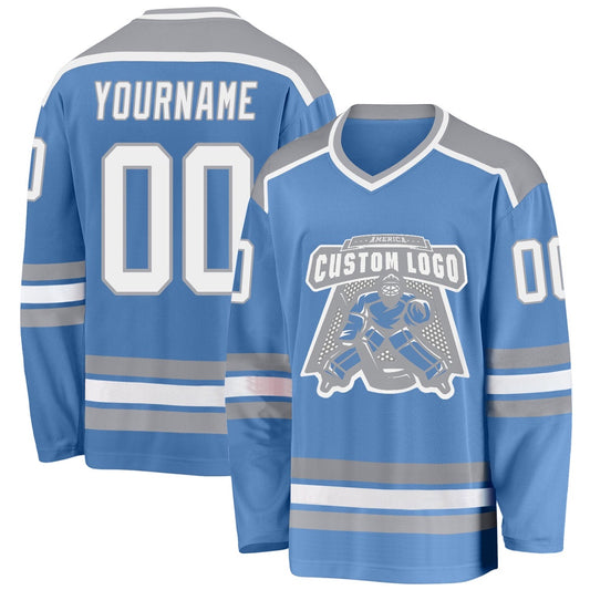 Usa Hockey Jersey, Custom Light Blue White Gray Hockey Jersey, Team Hockey Jerseys