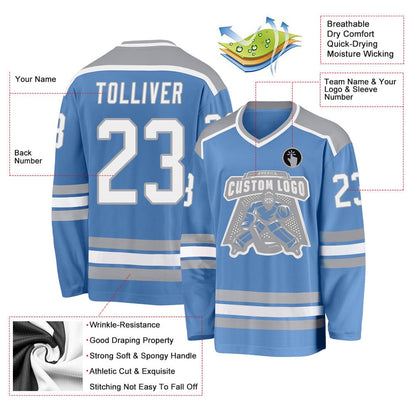 Usa Hockey Jersey, Custom Light Blue White Gray Hockey Jersey, Team Hockey Jerseys