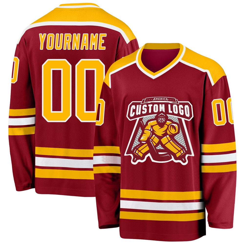 Usa Hockey Jersey, Custom Maroon Gold White Hockey Jersey, Team Hockey Jerseys