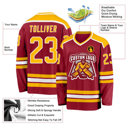 Usa Hockey Jersey, Custom Maroon Gold White Hockey Jersey, Team Hockey Jerseys