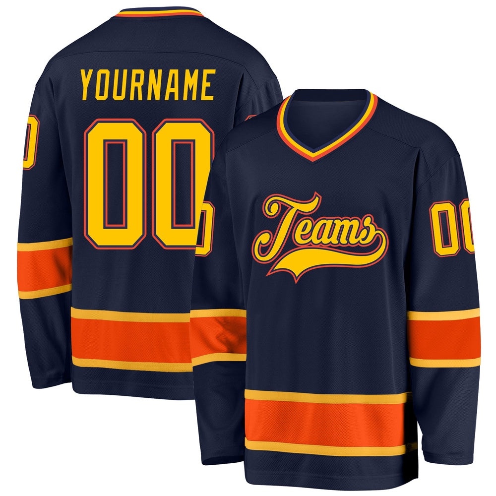 Usa Hockey Jersey, Custom Navy Gold Orange Hockey Jersey, Team Hockey Jerseys