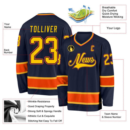 Usa Hockey Jersey, Custom Navy Gold Orange Hockey Jersey, Team Hockey Jerseys