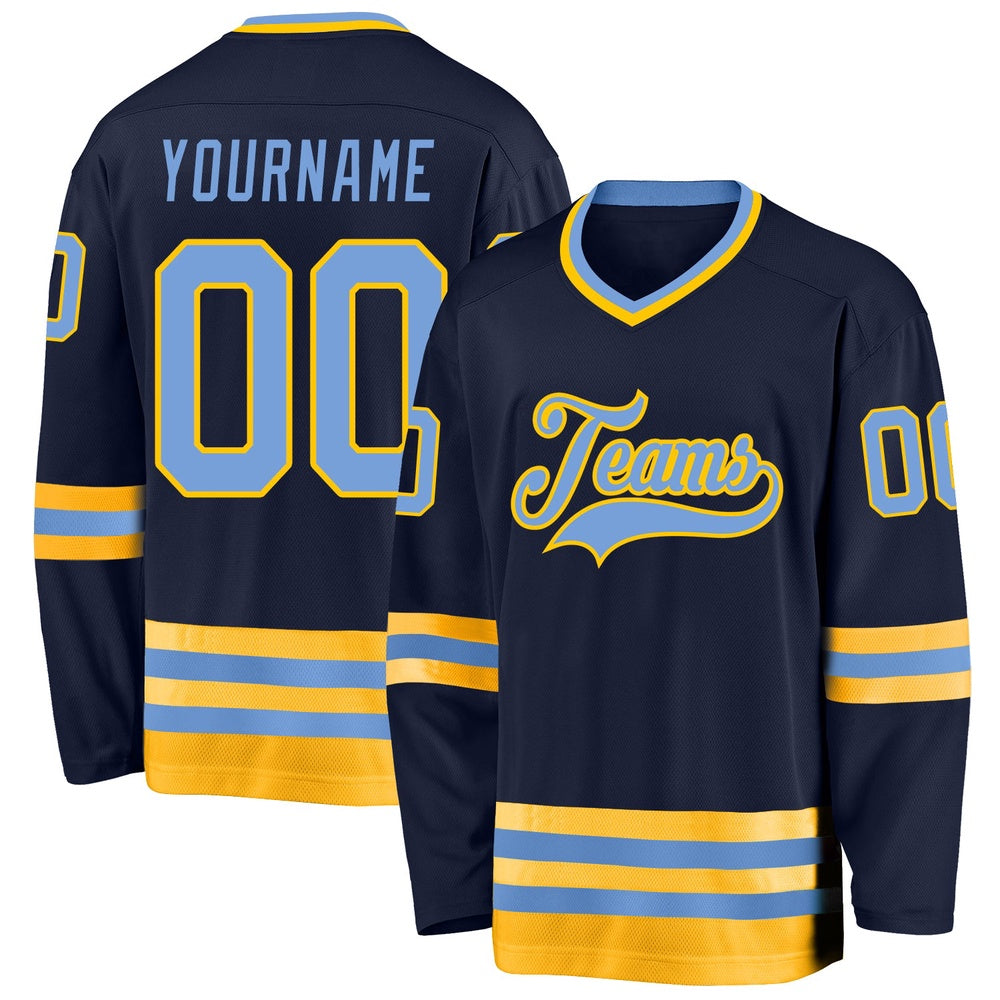 Usa Hockey Jersey, Custom Navy Light Blue Gold Hockey Jersey, Team Hockey Jerseys