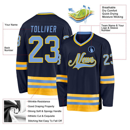 Usa Hockey Jersey, Custom Navy Light Blue Gold Hockey Jersey, Team Hockey Jerseys