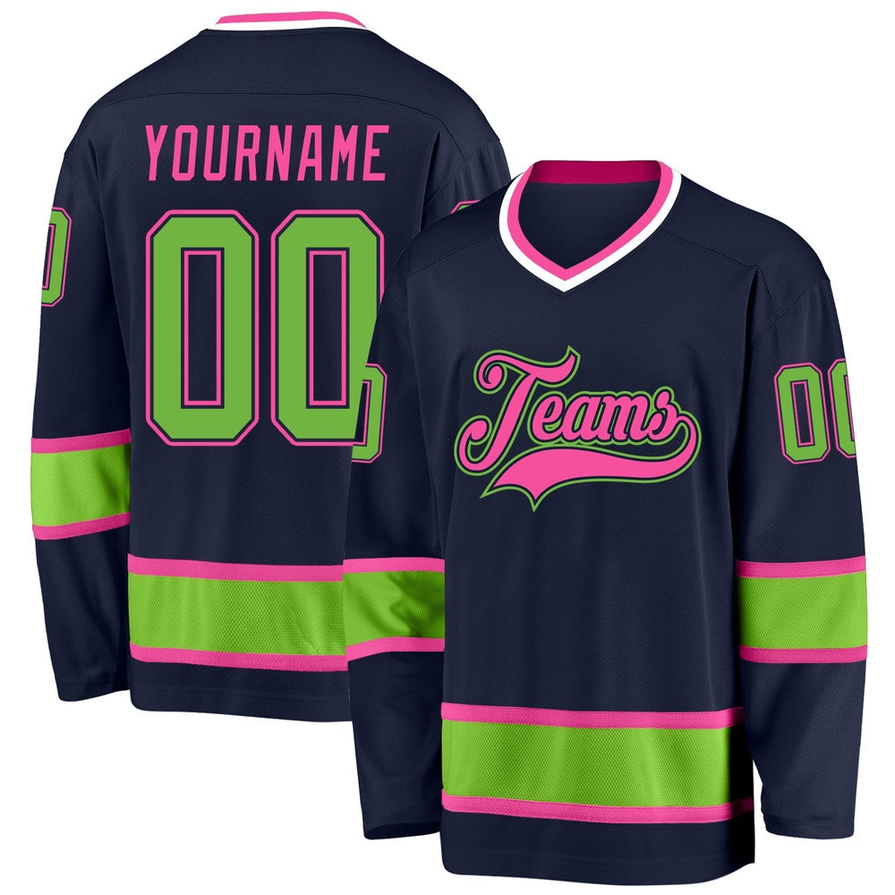 Usa Hockey Jersey, Custom Navy Neon Green Pink Hockey Jersey, Team Hockey Jerseys