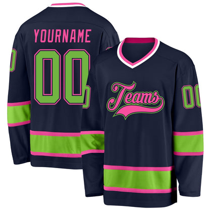 Usa Hockey Jersey, Custom Navy Neon Green Pink Hockey Jersey, Team Hockey Jerseys