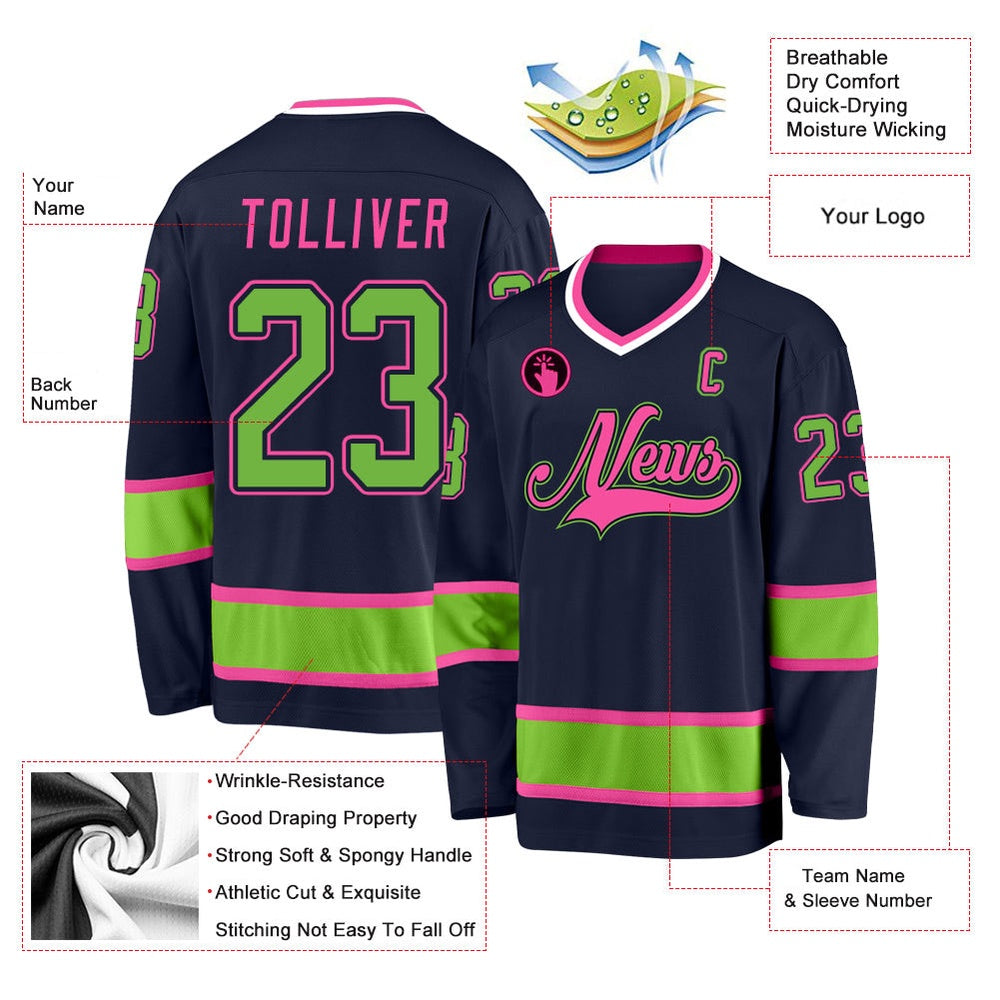 Usa Hockey Jersey, Custom Navy Neon Green Pink Hockey Jersey, Team Hockey Jerseys
