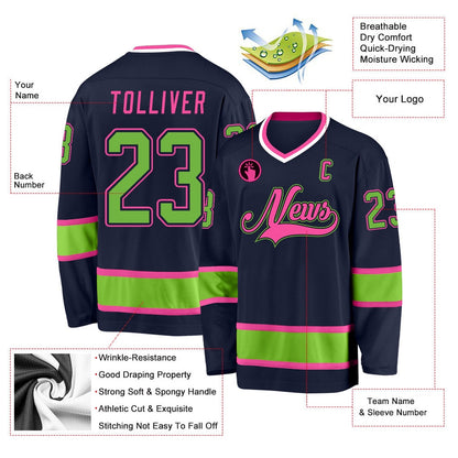 Usa Hockey Jersey, Custom Navy Neon Green Pink Hockey Jersey, Team Hockey Jerseys