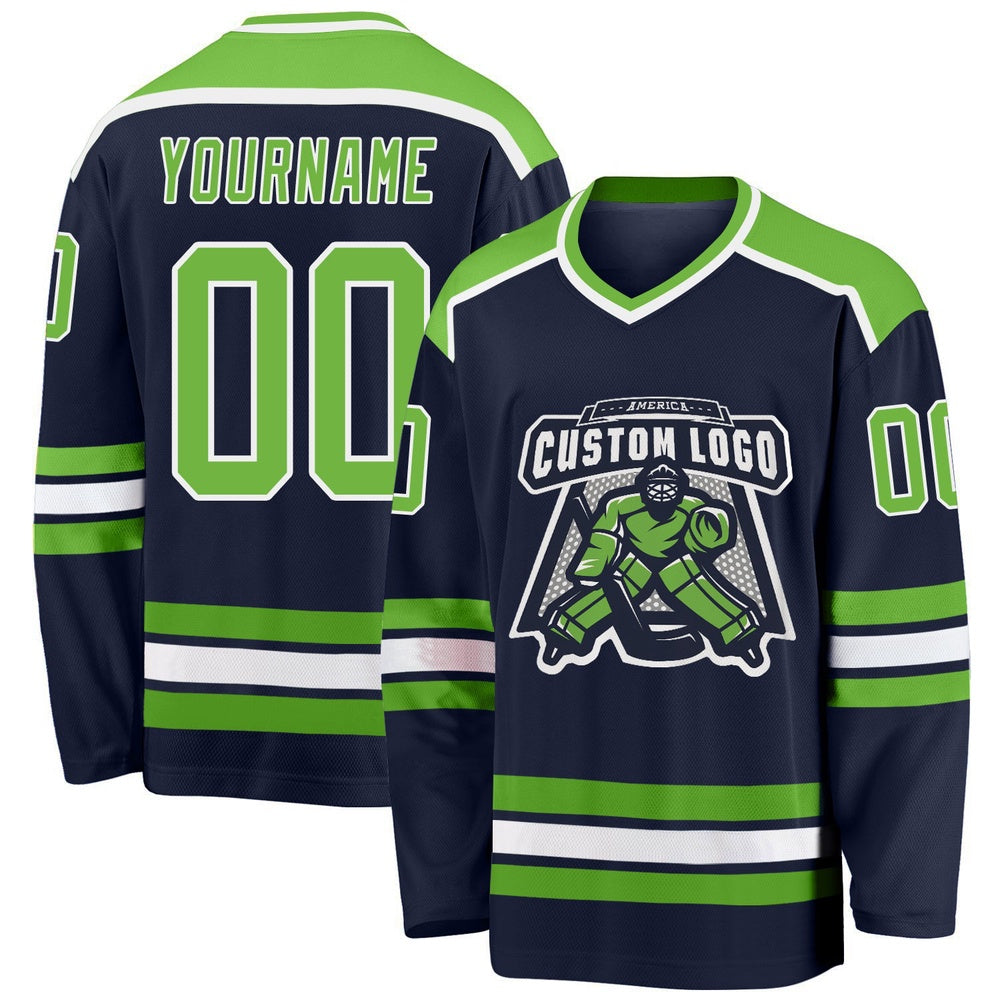 Usa Hockey Jersey, Custom Navy Neon Green White Hockey Jersey, Team Hockey Jerseys