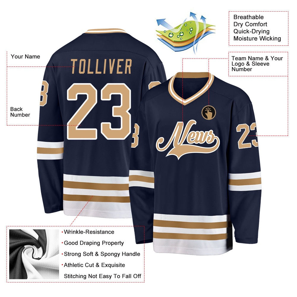 Usa Hockey Jersey, Custom Navy Old Gold White Hockey Jersey, Team Hockey Jerseys