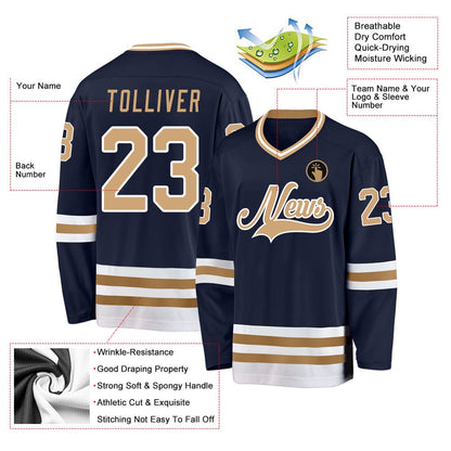 Usa Hockey Jersey, Custom Navy Old Gold White Hockey Jersey, Team Hockey Jerseys