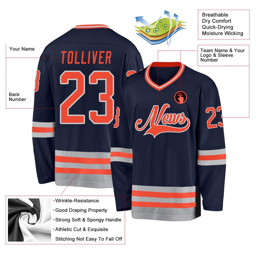 Usa Hockey Jersey, Custom Navy Orange Gray Hockey Jersey, Team Hockey Jerseys
