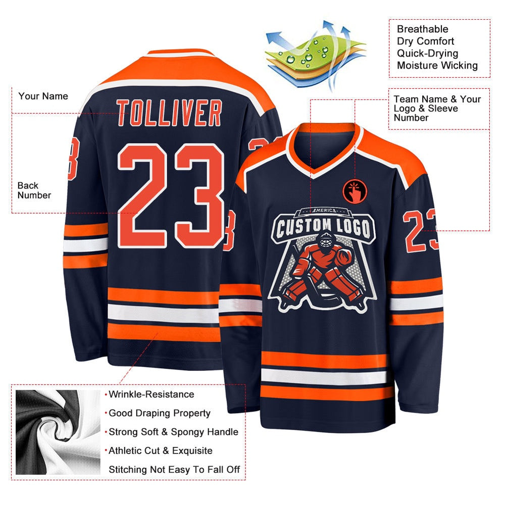 Usa Hockey Jersey, Custom Navy Orange White Hockey Jersey, Team Hockey Jerseys
