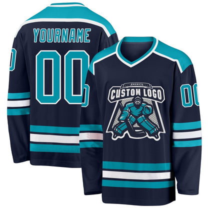 Usa Hockey Jersey, Custom Navy Teal White Hockey Jersey, Team Hockey Jerseys