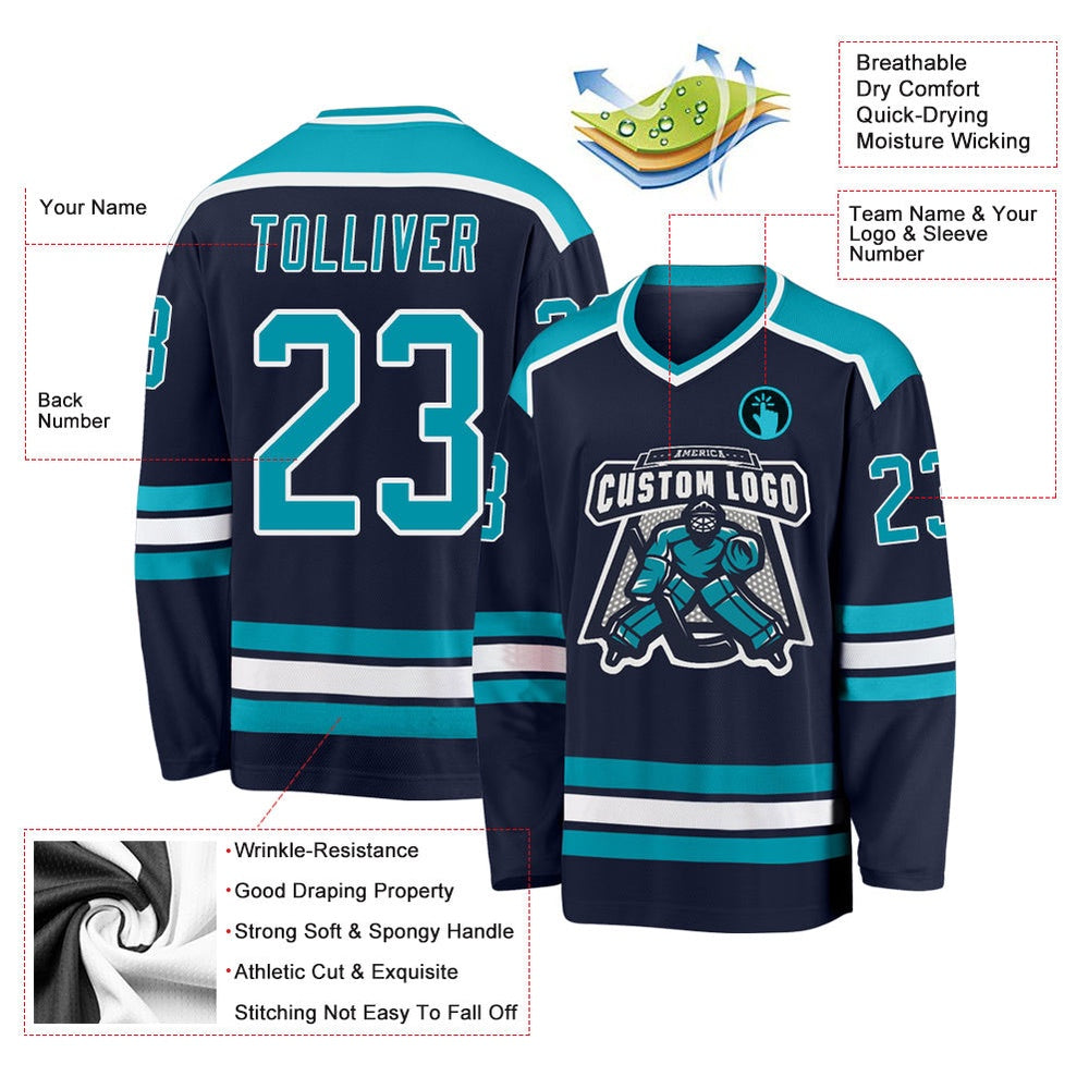Usa Hockey Jersey, Custom Navy Teal White Hockey Jersey, Team Hockey Jerseys