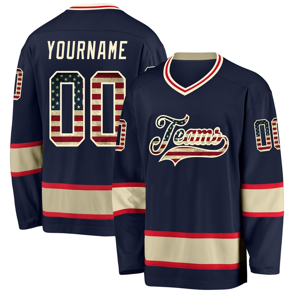 Usa Hockey Jersey, Custom Navy Vintage USA Flag Cream Hockey Jersey, Team Hockey Jerseys