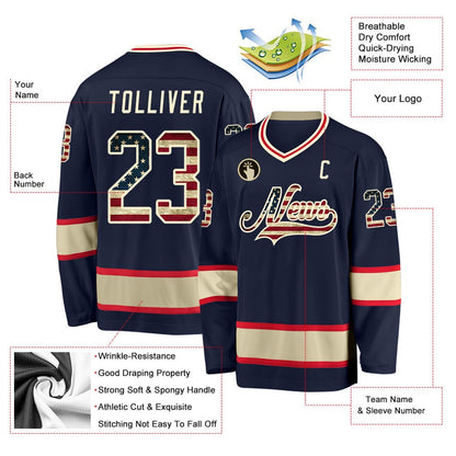 Usa Hockey Jersey, Custom Navy Vintage USA Flag Cream Hockey Jersey, Team Hockey Jerseys