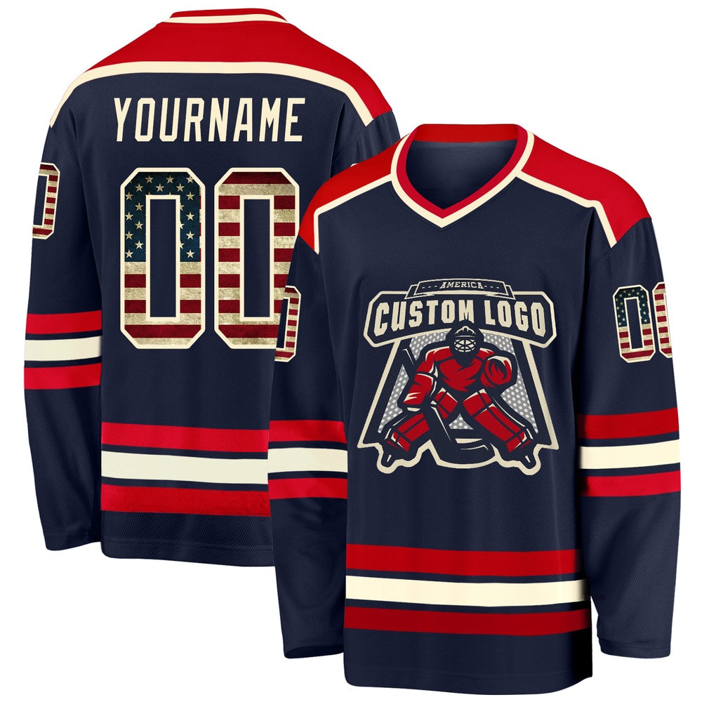 Usa Hockey Jersey, Custom Navy Vintage USA Flag Cream Red Hockey Jersey, Team Hockey Jerseys