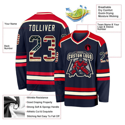 Usa Hockey Jersey, Custom Navy Vintage USA Flag Cream Red Hockey Jersey, Team Hockey Jerseys