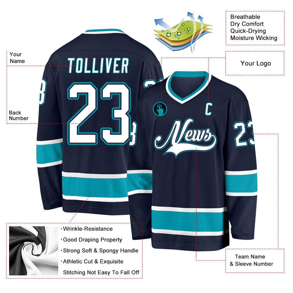 Usa Hockey Jersey, Custom Navy White Teal Hockey Jersey, Team Hockey Jerseys
