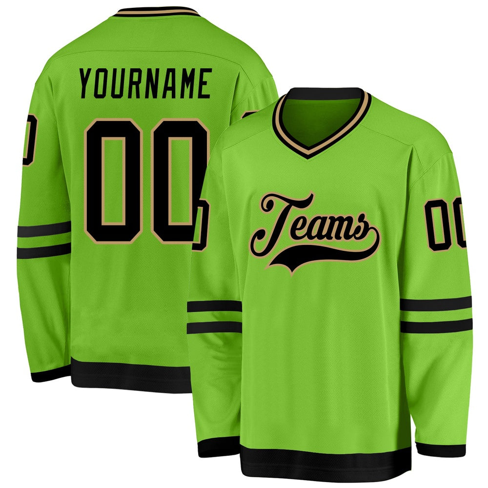 Usa Hockey Jersey, Custom Neon Green Black Old Gold Hockey Jersey, Team Hockey Jerseys
