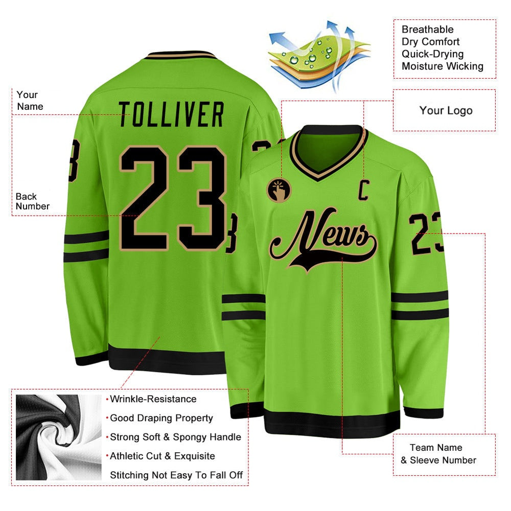 Usa Hockey Jersey, Custom Neon Green Black Old Gold Hockey Jersey, Team Hockey Jerseys
